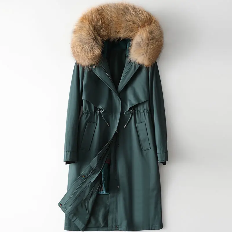 

Fashion Solid Cotton Liner Parker Down Parkas New 100% rabbit liner Winter Jacket Women Waist Warm Fur Collar Coat