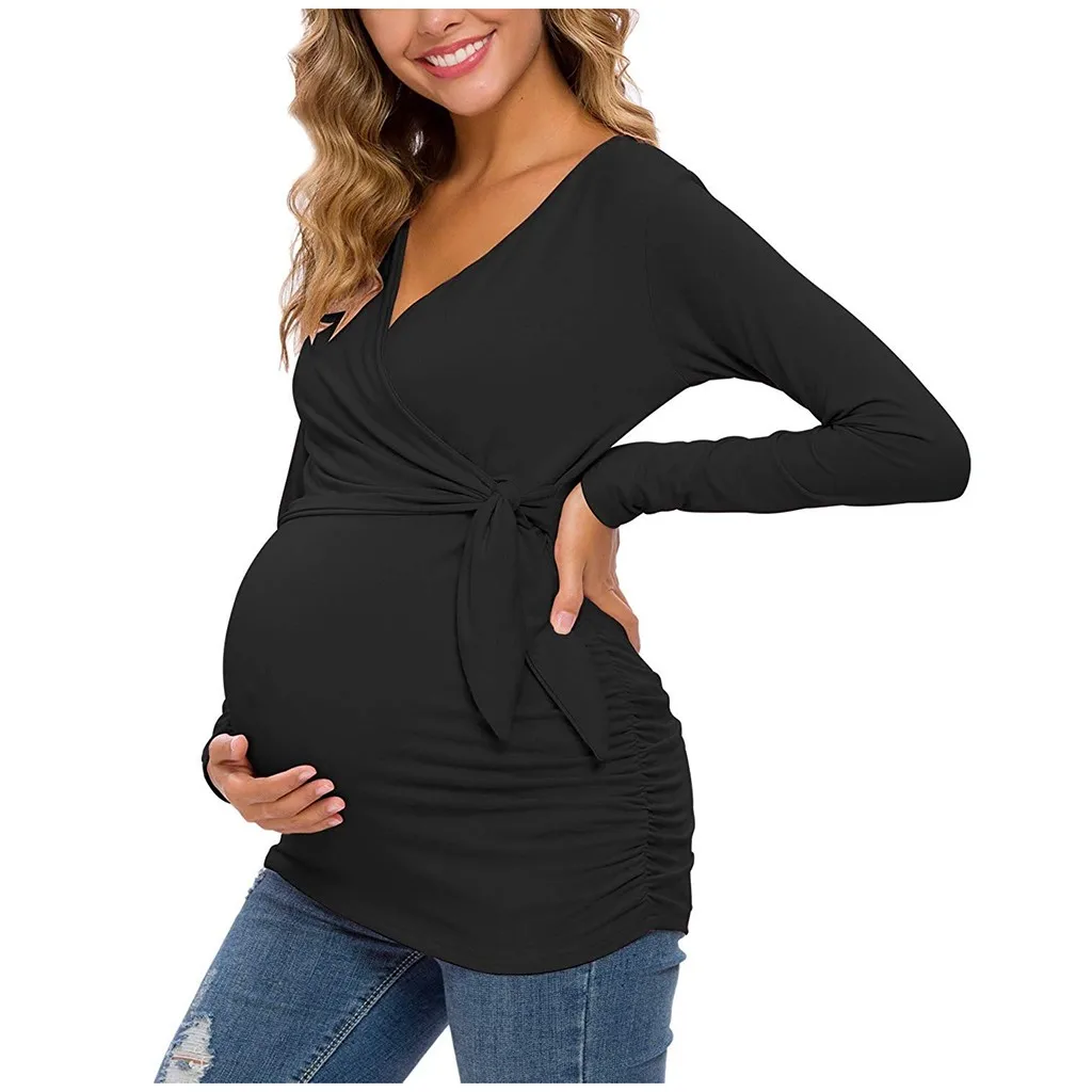 Женская одежда для беременных, футболка с длинным рукавом и v-образным вырезом, топы для кормящих, футболка для кормящих, Lactancia Ropa