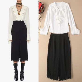 

New fashion solid color Ruffle Top slim black lace skirt professional leisure suit