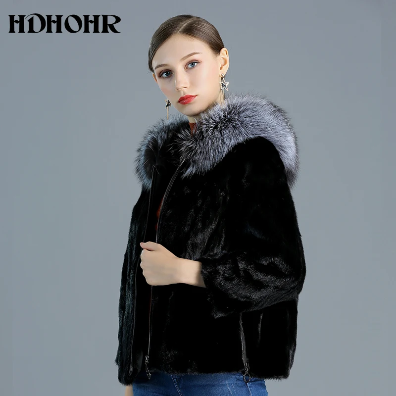 

Новинка 2024, женские шубы HDHOHR из натурального меха норки, модные шубы из натурального меха норки с капюшоном из лисьего меха, короткие норковые куртки, пальто из цельного меха