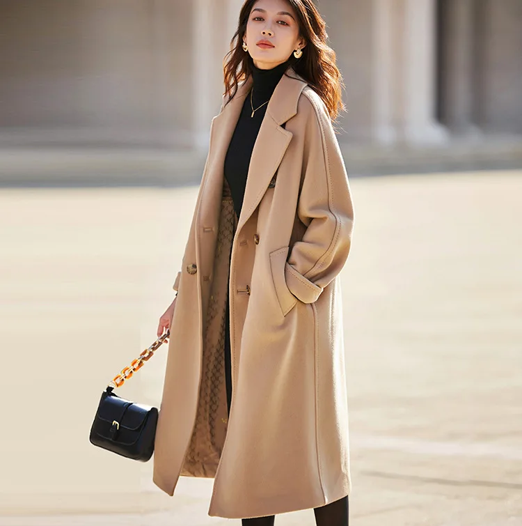 Шерстяное Женское пальто осень и зима новое классическое двубортное длинное шерстяное пальто теплое толстое пальто женское размера плюс