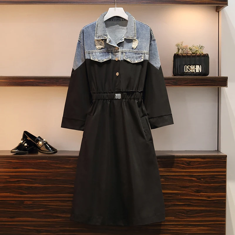 lower price  4XL autumn new fashion long hole denim stitching windbreaker jacket