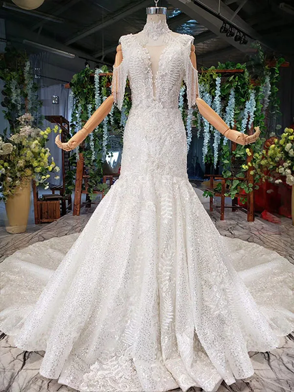 as picture HTL939 свадебное платье русалки со съемным воротником, цепочкой, бисером, круглым вырезом и кристаллами, кружевное свадебное платье, труба, новинка, vestido noiva sereia - Цвет: as picture