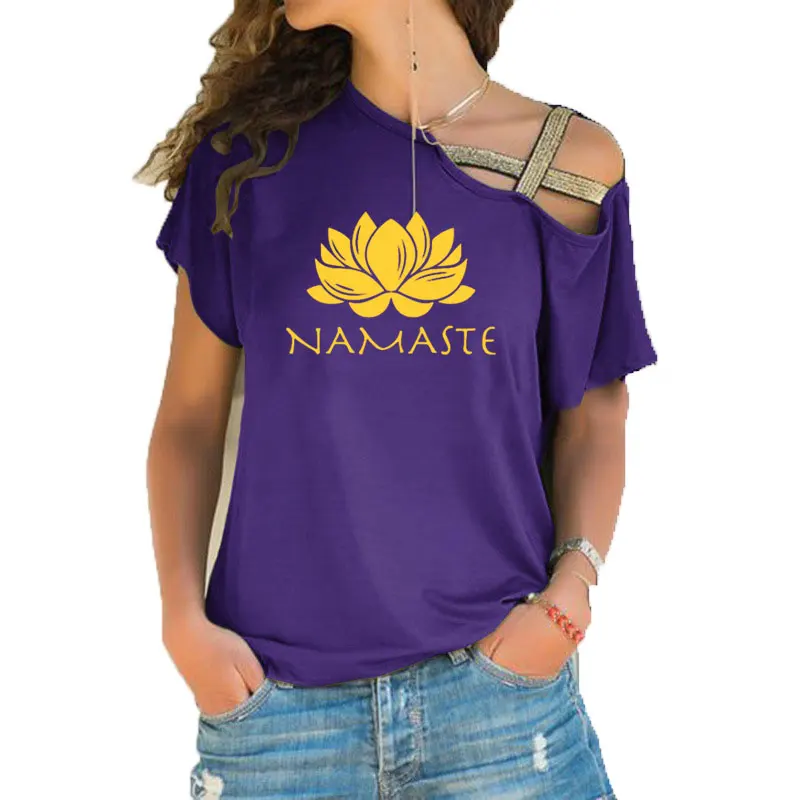 Модная женская одежда, футболка с принтом Намасте, женская футболка с коротким рукавом, женские топы, одежда, Асимметричная футболка с перекрестной повязкой для девочек - Цвет: 20