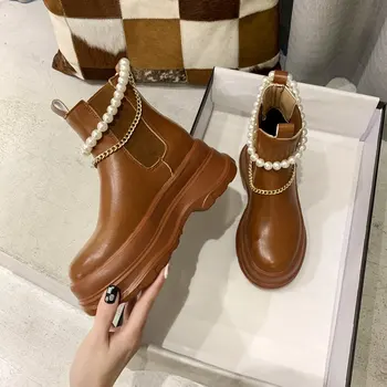 preço Venda Quente Mulheres Tornozelo Botas De Fundo Grosso Confortável Outono Botas Corrente Pérola Goth Moda Zapatos De Mujer Femmes Bottes 2021
