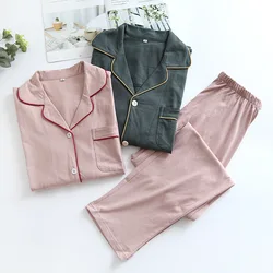 Japanese Style Spring and Autumn Couple Pajamas Long-sleeved Pure Cotton Knit Women's Winter Home Service Suit Solid Color Men