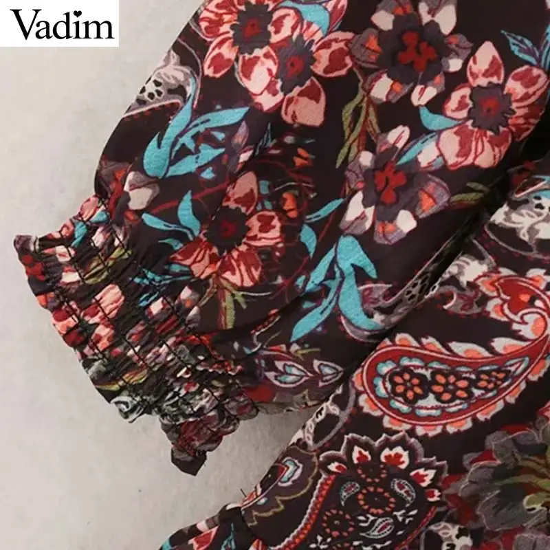 Vadim women elegant floral pattern mini dress V neck long sleeve two piece set female casual retro dresses QC877
