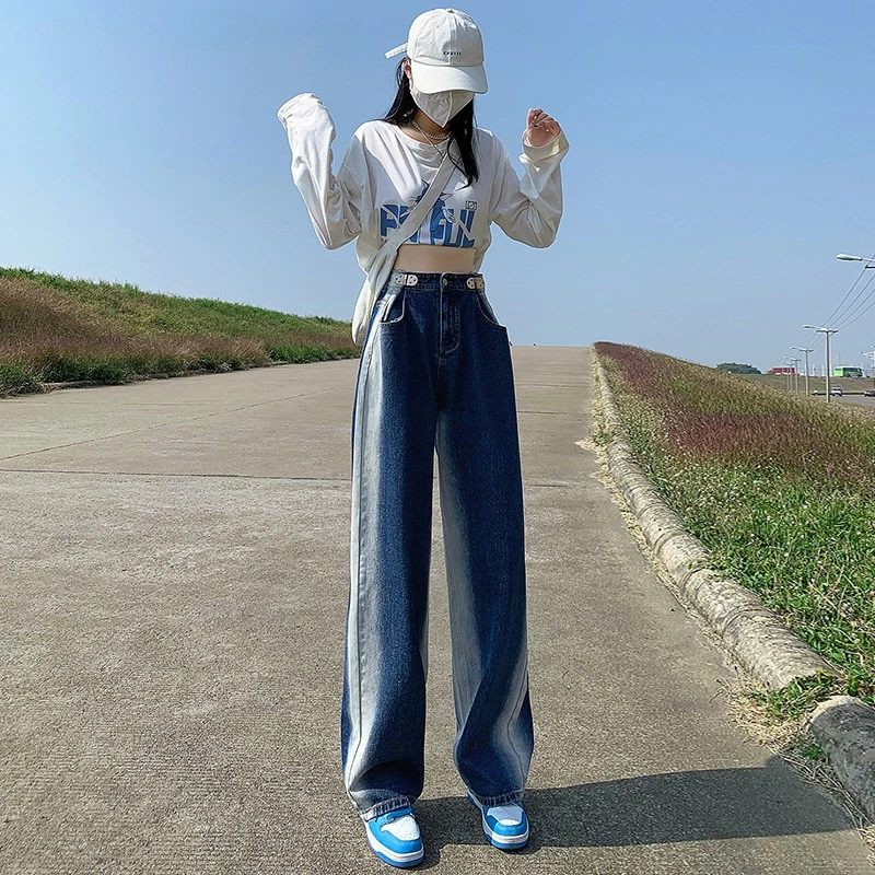 GUUZYUVIZ Gradient Contrast Jeans Woman High Waist Plus Size Loose Korean Casual Wide Leg Pants Denim Cotton white jeans