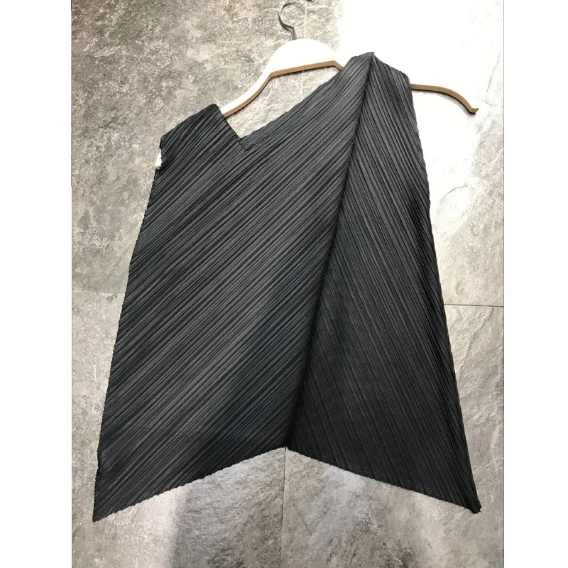 Miyake складки модный дизайн маленький v-образный вырез сплошной цвет Футболка Топ