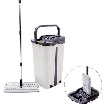 

Dust Wizard-Bucket Mop Hand Free Wringing Floor Cleaning Mop Microfiber Mop Pads Wet Dry Usage on Hardwood Laminate Tile