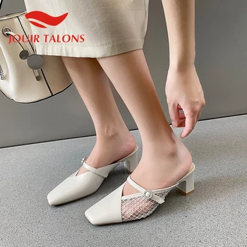 

JOUIR TALONS 2020 New Arrivals Genuine Leather Women Mules Sandals Square Heels Square Toe Crystal Pumps Summer Women Shoes