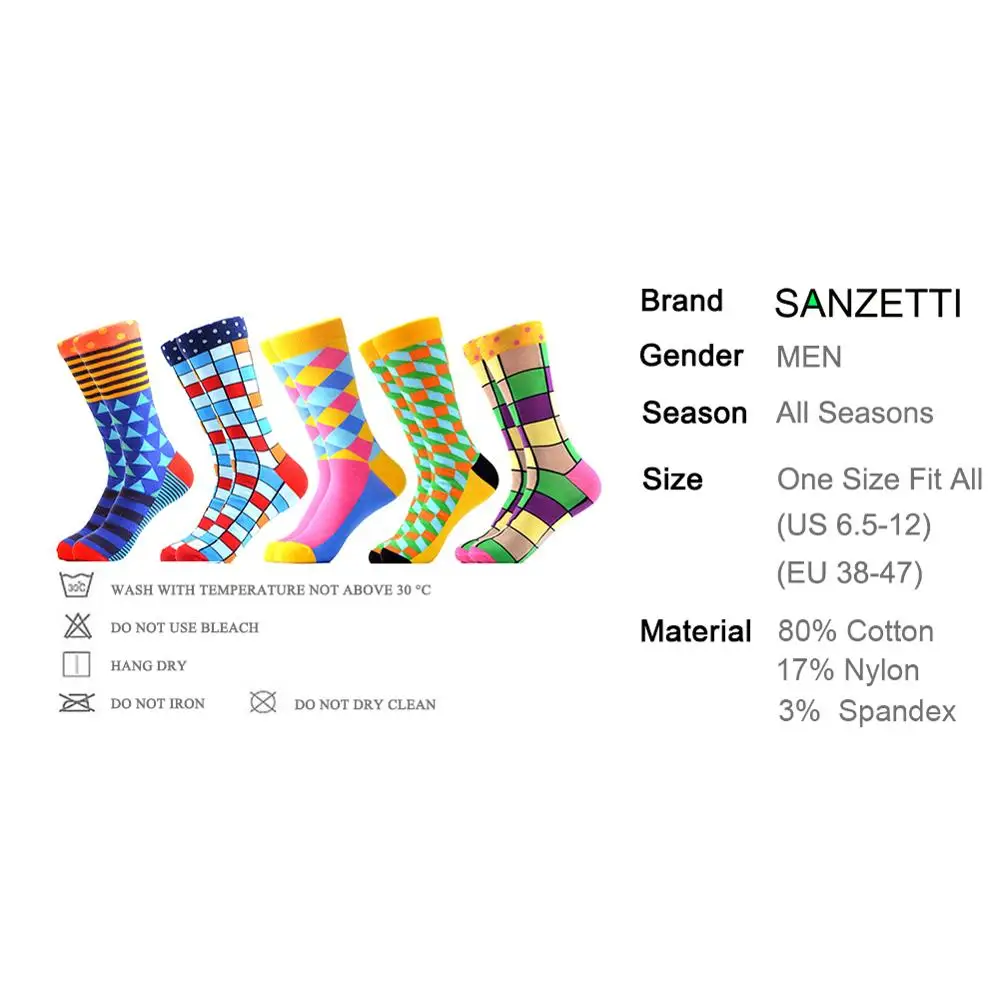 SANZETTI/5 пар в партии мужские повседневные Цветные Носки с рисунком счастливого