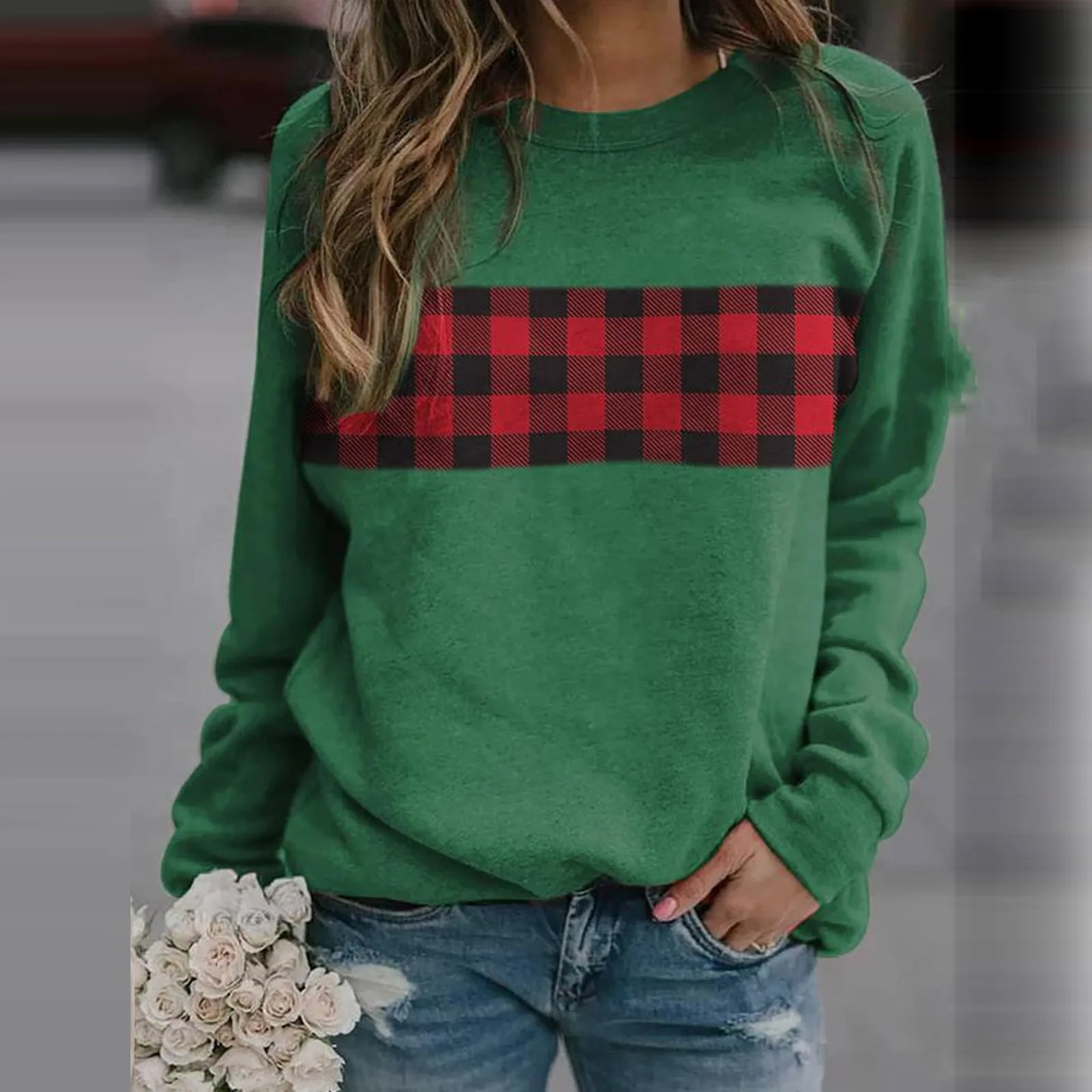 

Zoulv Classic Fashion Simple Wild Check Print Pullover Christmas Sweater Crew Neck Pullover Women Clothing