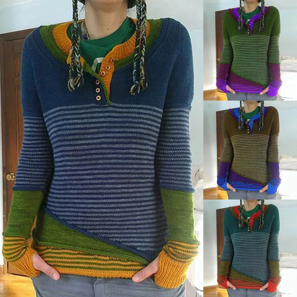 Jersey mujer invierno Женские винтажные повседневные полосатые Лоскутные пуговицы с v-образным вырезом и длинными рукавами трикотажные топы свитер