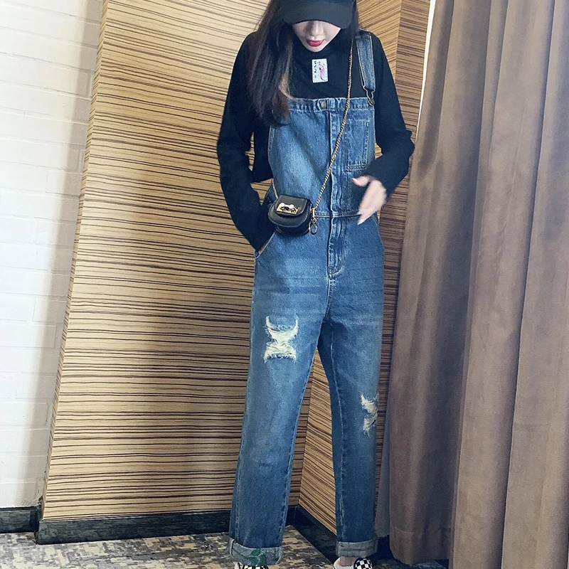 

New fall vintage loose straight leg wide-leg ripped denim overalls women's jumpsuits