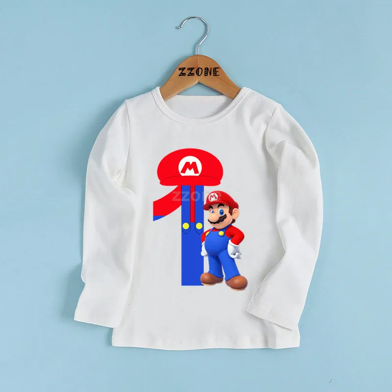 Футболка с принтом «Супер Марио» для мальчиков и девочек 1-9 лет, с бантом, для детского дня рождения, Подарочная одежда, Детская футболка с длинными рукавами, LKP5233