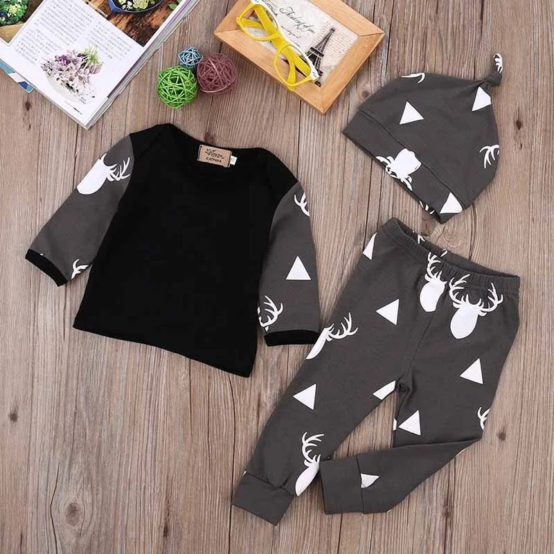 

INS Platform Spring And Autumn Baby Printed Pattern Long-sleeved Upper Garment Printed Pants And Hat Three-piece Set-