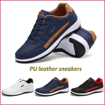 

PU Leather Men's Casual Sneakers White Running Shoes 2019 Fashion Men Outdoor Sports Shoes Lace Up Four Season Footwear Walking