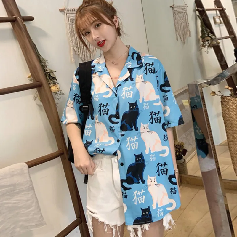 

Summer Casual Cat Print Lapel Shirt Women Wild Comfortable Short Sleeve Loose Blouse