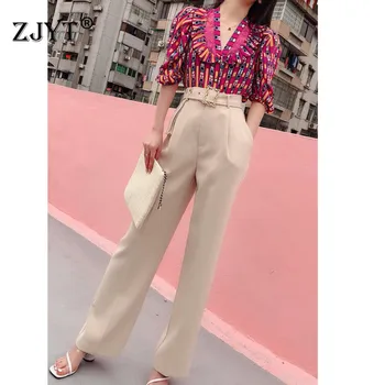 

Elegant Lady Summer Pants 2Piece Set Women 2020 New Fashion Clothes Set V Neck Print Plaid Shirt Pants Suit Matching Sets
