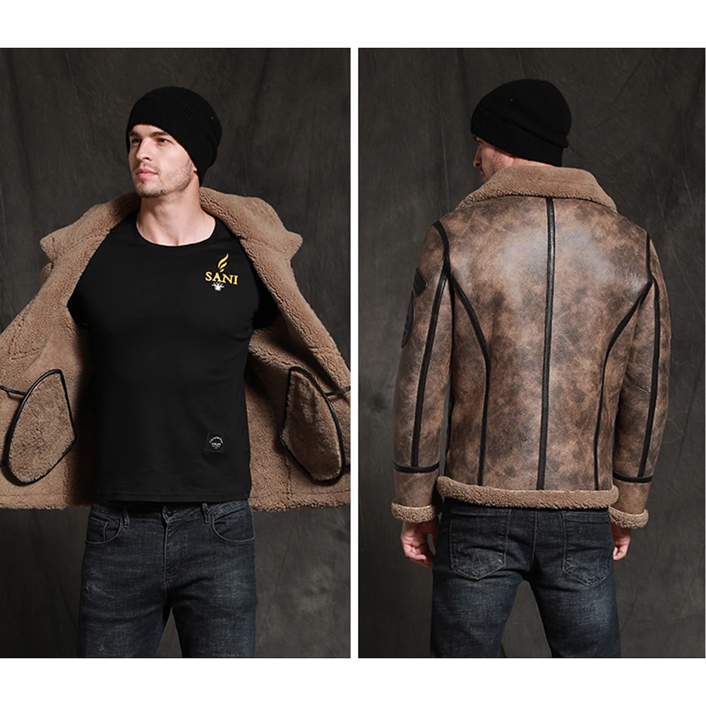 price reduction M-9XL Natural sheepskin Men coat Real shearling fur Black Jacket Handsome Male Winter Warm Clothing