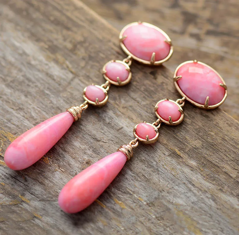 Women Drop Earrings Jewelry Pink Semiprecious Stone Dangle Earring Designer Luxury Jewelry Wholesale Dropshipping - Image 2