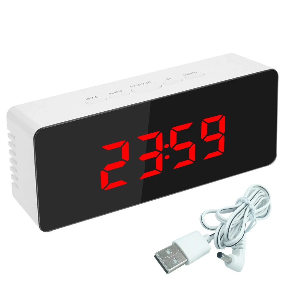 Digital Mirror LED Display Alarm Clock Temperature Calendar USB/AAA Powered Electronic Multifunction Snooze Desk Clock