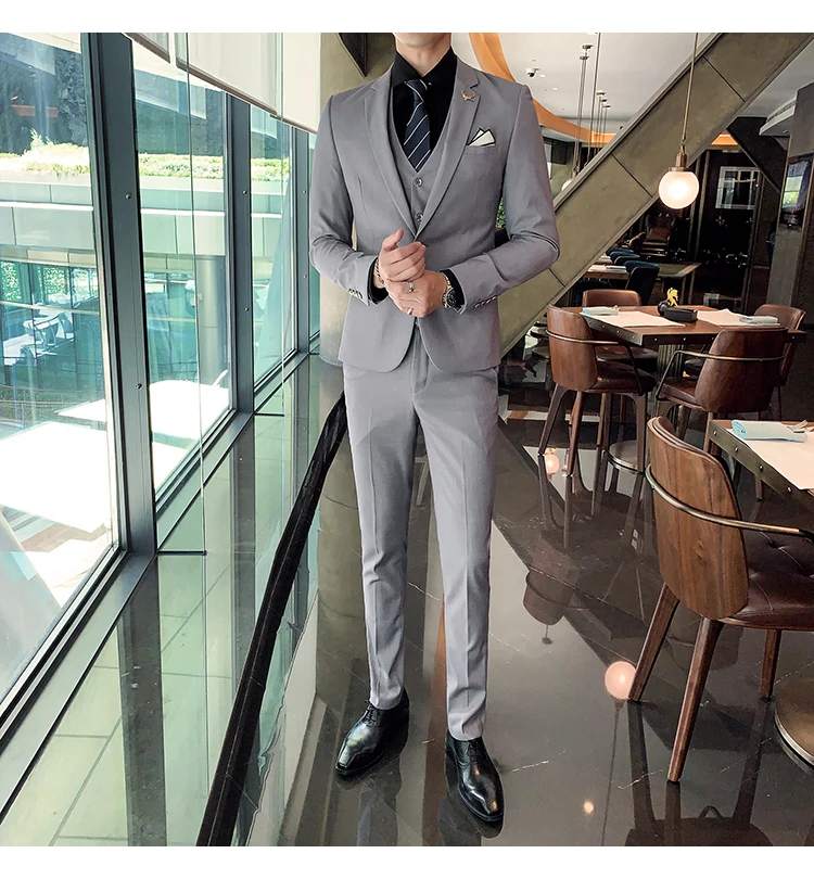Сплошной цвет slim fit мужской костюм из 3 предметов свадебное платье мужской повседневный деловой пиджак Свадебный Выпускной костюм жениха одежда смокинг