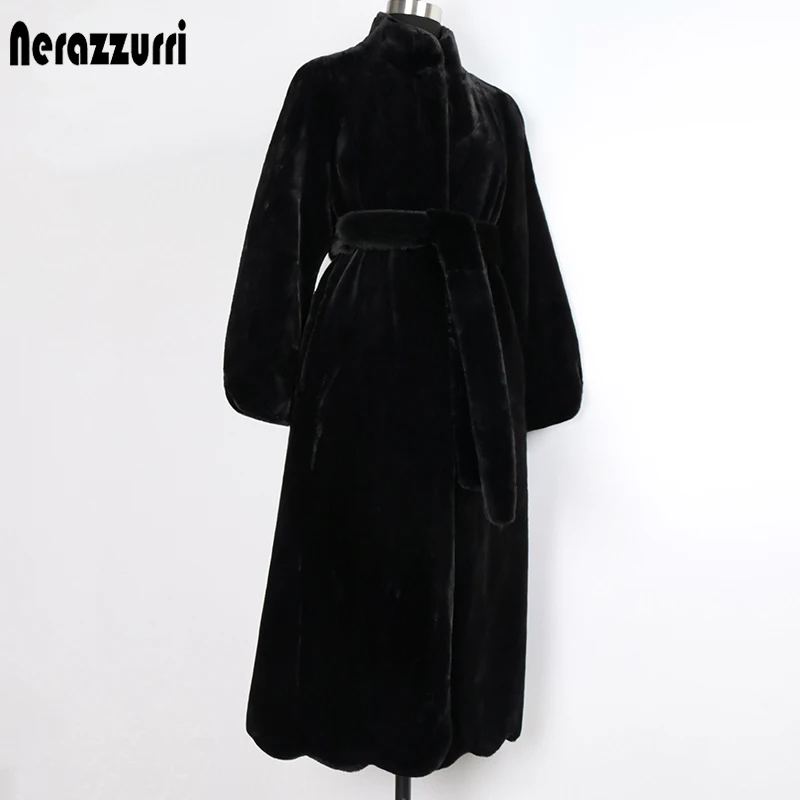 Nerazzurri Long Fluffy Warm Soft Black Faux Fur Coat Women Belt Winter Clothes 2021 A Line Plus Size Sheared Mink Overcoat 7xl |