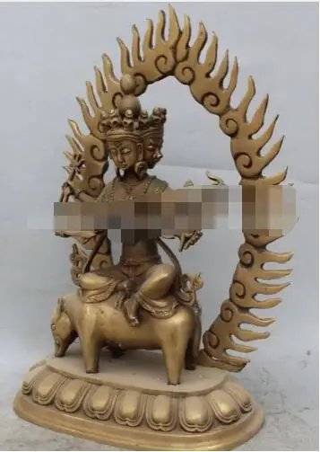 306 13"Chinese Bronze 3 Head 8 Arms Ushnishavijaya Namgyalma Buddha On Bull Statue