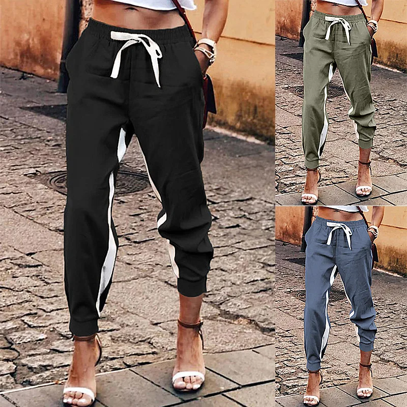 

WEPBEL Women's Stitching Striped Loose Casual Pants Autumn Fashion Elastic Lace-up High Waist Pocket Pencil Pants