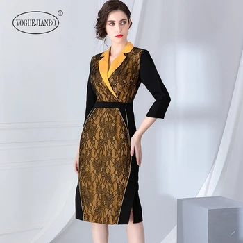 

2020 Spring new heavy work lace stitching V-neck dress elegant and slim temperament vestido sexy dress sukienka plus size dress