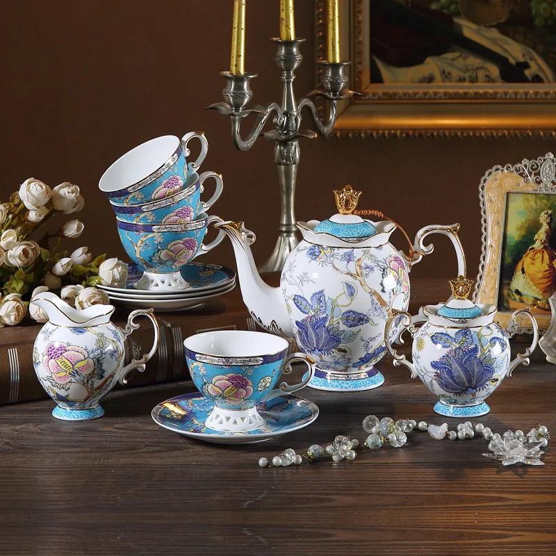 Ceramic drinking set Bone China kettle teacup milk pot 15-piece tableware flowers finished wedding gift British style | Дом и сад