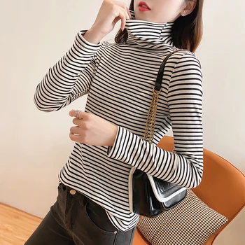 

Underwear Brushed plus Velvet High Collar Base Shirt Women's 2020 New Style Stripes Long-sleeved T-shirt 7892