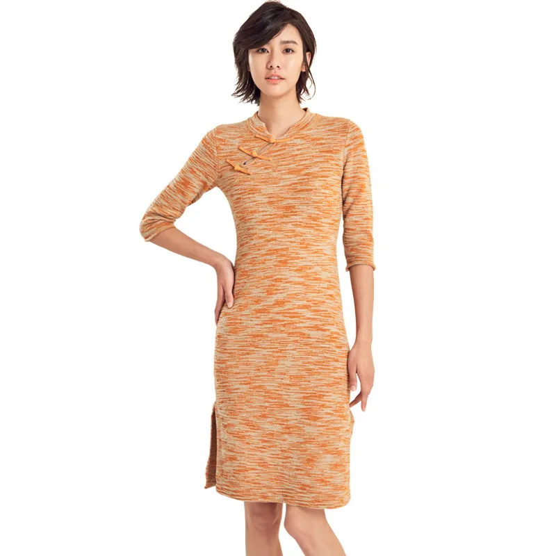 

Chinese Style Dress Women 100% Wool Autumn Solid Midi Knee-Length Lady Fashion Clothing Dresses