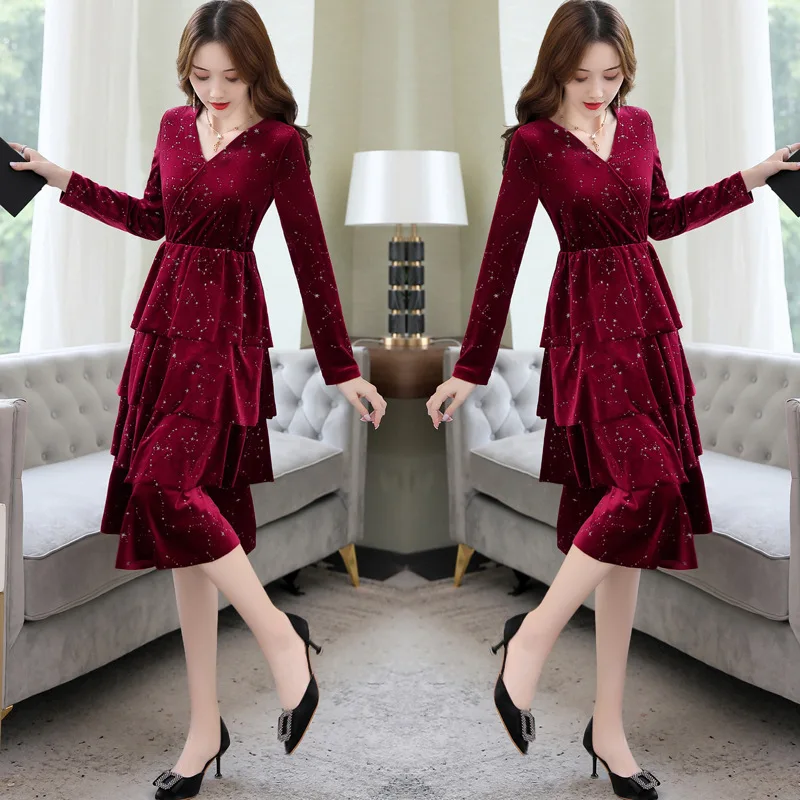 

2019 New Style Autumn Clothing Gold Velvet Hot Brick Cake Dress Slim Dress