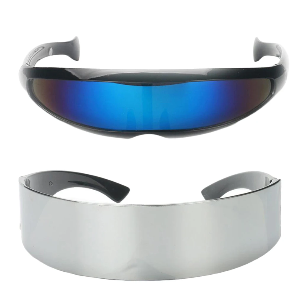 

2 Pcs Narrow Blue Metallic Silver Outer Space Robot Alien Eyeglasses Shade Eyewear Future Soldier Sunglasses 15 x 4 cm
