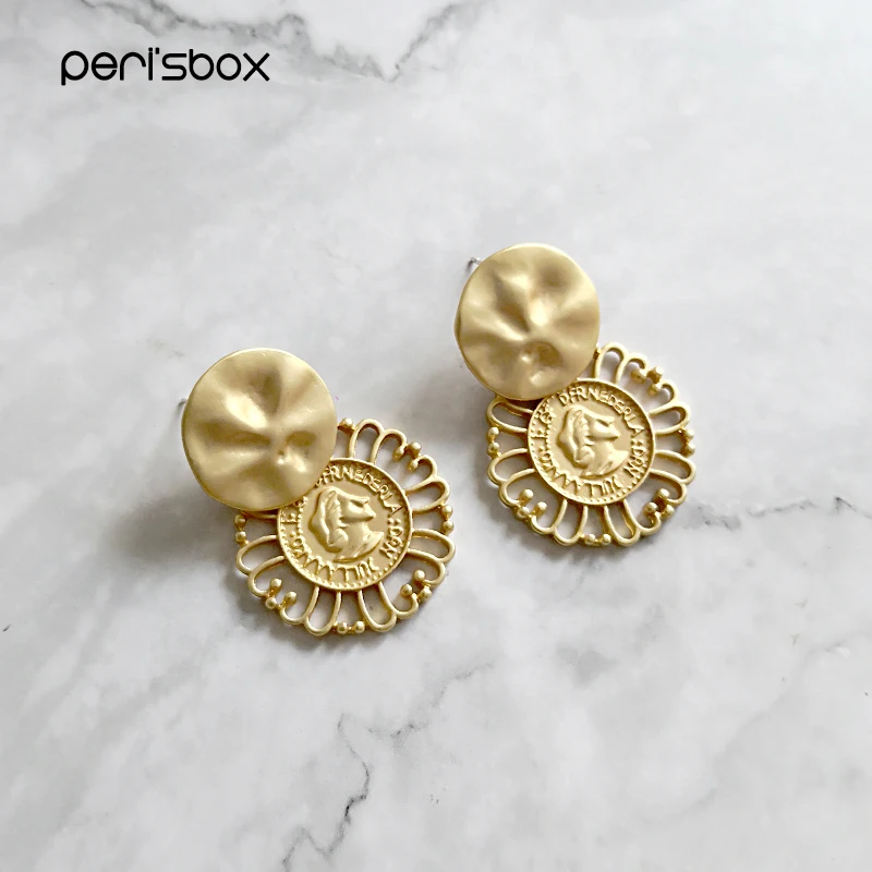 

Peri'sBox Matte Gold Hammered Coin Flower Drop Earrings Texured Queen Portrait Cameo Statement Earrings Geometric Drop Earrings