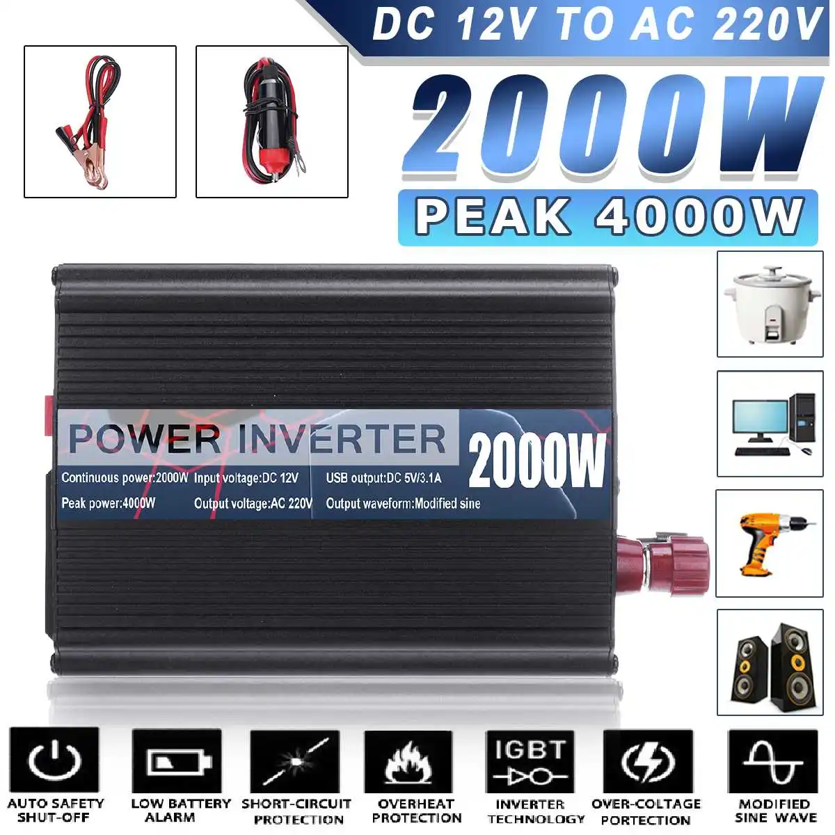 Инвертор 4000 Вт Макс DC 12 В в AC 220 В двойной USB автомобильный инвертор зарядное устройство конвертер адаптер 2000 Вт модифицированный синусоидальный волновой трансформатор