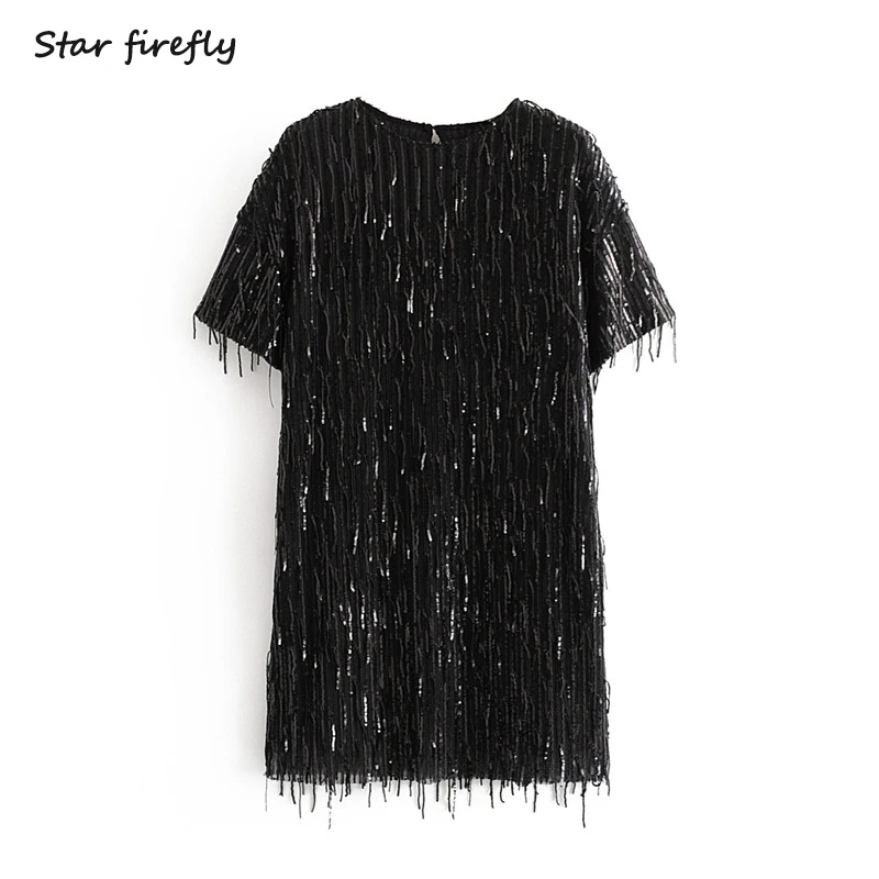 

Star firefly fashion Za dress female 2019 casual slim sequins tassel sexy round neck short-sleeved mini dress women