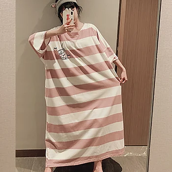 

Women Striped Print Night Dress New Summer Loose Off Shoulder Short Sleeve Long Sleepwear Lady Casual Fashion Nightwear