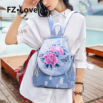 

Summer New Denim Backpack Shiny Faux Diamond Flower Butterfly Embroidery Rucksack Jeans Daypack Bag Travel Bookbag for Women