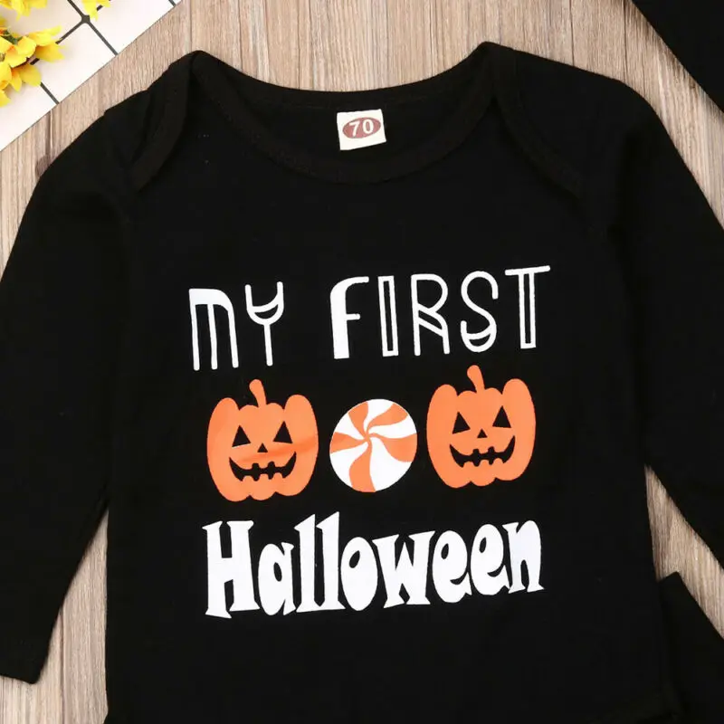 0-18M Newborn Infant Baby Boy Girl Halloween Clothing Set Pumpkin Long Sleeve Rompers + Pants + Hat Outfits