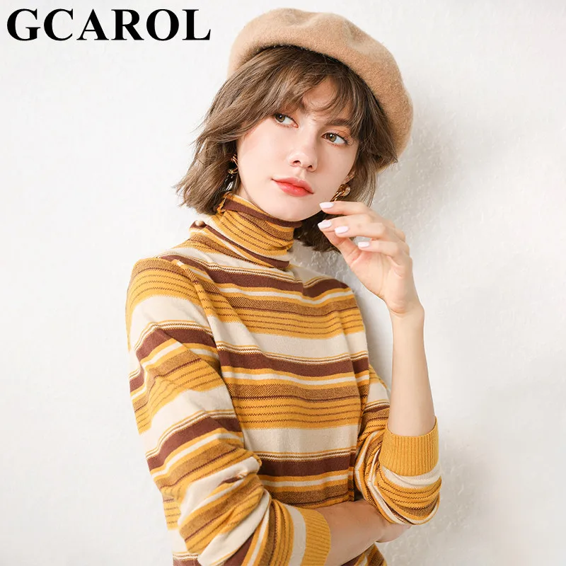 

GCAROL Women Stripes Turtleneck Sweater 30% Wool Gradient Color Jumper Fall Winter Spring Easy Matching Render Knit Pullover