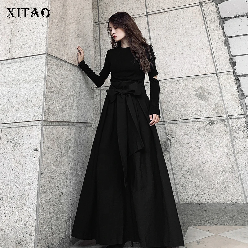 XITAO облегающая плиссированная юбка, зимняя винтажная свободная черная длинная повседневная юбка в пол с высокой талией и бантом DMY1797