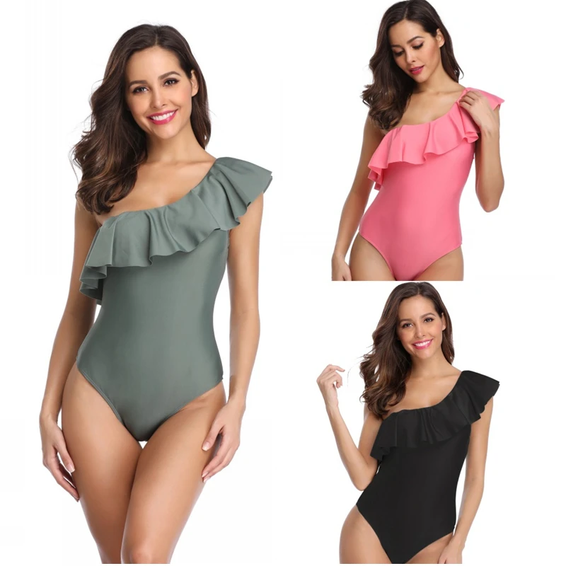 One Piece Swimsuits Women Shoulder Swimwear Asymmetric Ruffle Summer Bathing Suits Solid Color Monokinis | Спорт и развлечения