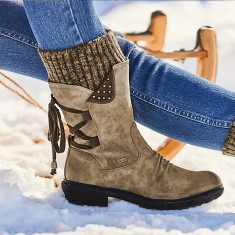 Litthing Для женщин s сапоги и американском стиле; обувь с заклепками в стиле ретро сапоги до колена середины CARF сапоги ручной работы кожаные ботинки с высоким голенищем Высококачественная женская обувь модная повседневная обувь