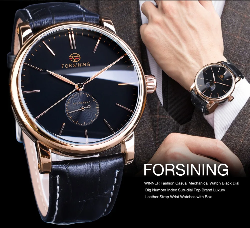 Forsining простые мужские механические часы с автоматическим суб циферблатом черные ультра-тонкие аналоговые часы из натуральной кожи наручные часы Horloge Mannen