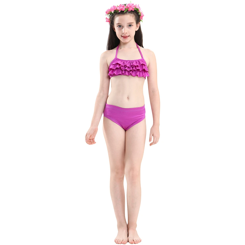 Fashion Girls Lotus leaf Solid Bikini Child Little Mermaid Ruffle Top Swimwear and Swimming Trunks Beach Vacation Clothing Set children's clothing sets high neck