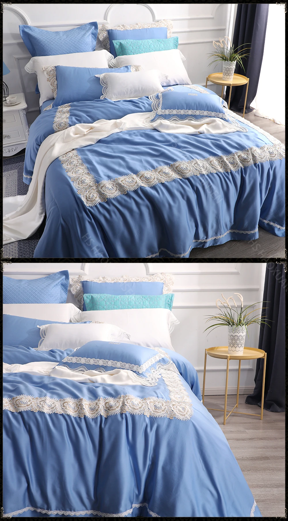 Luxury Lace Tencel Lyocell Blue Bedding Sets 4 Piece Natural Organic Silky Soft Princess Bedclothes Queen King Size Sheets